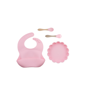 Set 4 Piezas Plato Leon + Babero + cuchara + tenedor  Color Rosa