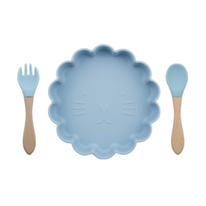 Set Plato Leon + cuchara y tenedor Celeste