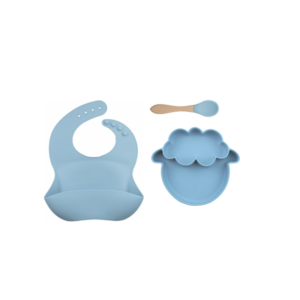 Set 3 Piezas Plato Oveja + Babero y cuchara  Color Celeste
