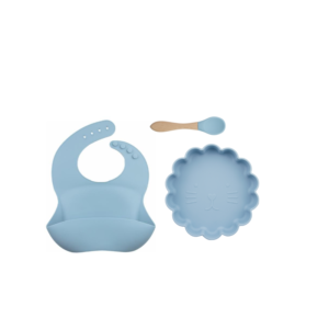 Set 3 Piezas Plato Leon + Babero y cuchara  Color Celeste