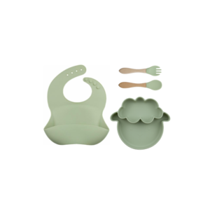 Set 4 Piezas Plato Oveja + Babero + cuchara + tenedor  Color Verde