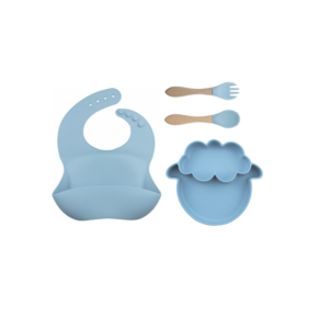 Set 4 Piezas Plato Oveja + Babero + cuchara + tenedor  Color Celeste