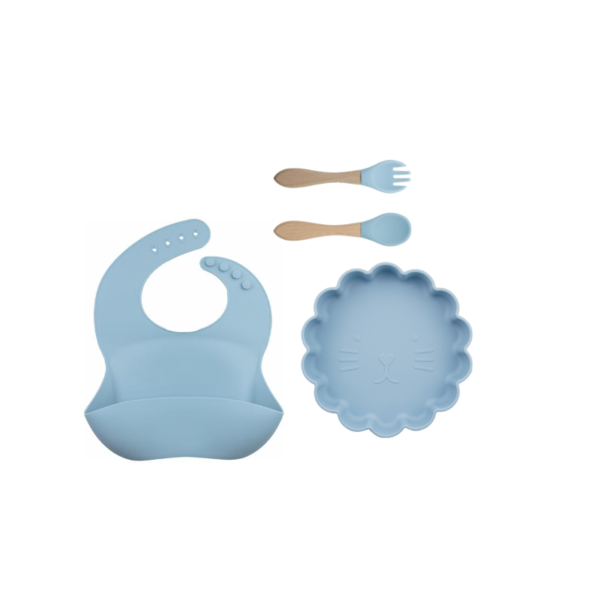 Set 4 Piezas Plato Leon + Babero + cuchara + tenedor  Color Celeste