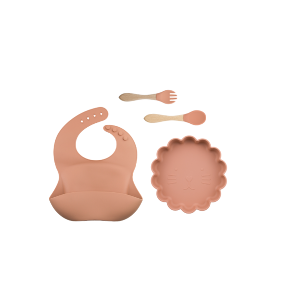 Set 4 Piezas Plato Leon + Babero + cuchara + tenedor  Color Ladrillo