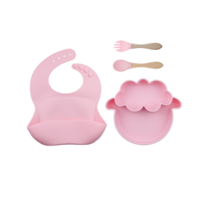 Set 4 Piezas Plato Oveja + Babero + cuchara + tenedor  Color Rosa