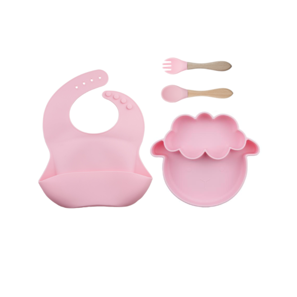 Set 4 Piezas Plato Oveja + Babero + cuchara + tenedor  Color Rosa