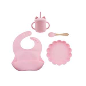 Set 4 Piezas Plato Leon + Babero , cuchara y Vaso Color Rosa