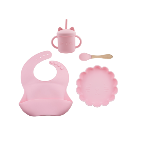 Set 4 Piezas Plato Leon + Babero , cuchara y Vaso Color Rosa