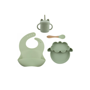 Set 4 Piezas Plato Oveja + Babero , cuchara y Vaso Color Verde