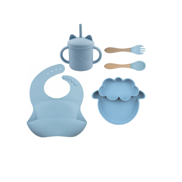 Set 5 Piezas Plato Oveja + Babero + cuchara + tenedor + Vaso  Color Celeste