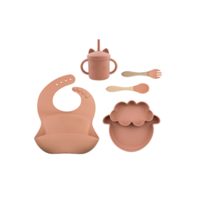 Set 5 Piezas Plato Oveja + Babero + cuchara + tenedor + Vaso  Color Ladrillo