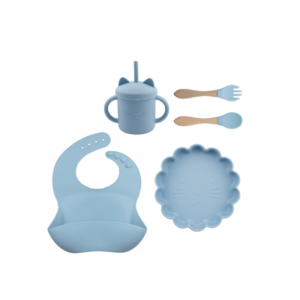 Set 5 Piezas Plato Leon + Babero + cuchara + tenedor + Vaso  Color Celeste