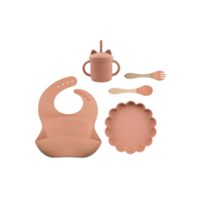 Set 5 Piezas Plato Leon + Babero + cuchara + tenedor + Vaso  Color Ladrillo