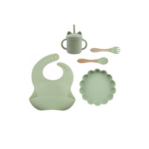 Set 5 Piezas Plato Leon + Babero + cuchara + tenedor + Vaso  Color Verde
