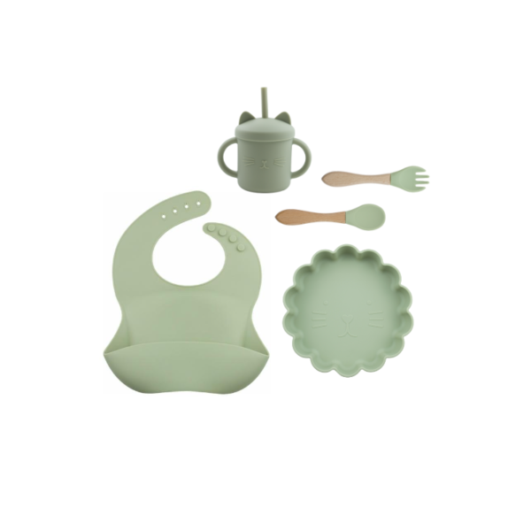Set 5 Piezas Plato Leon + Babero + cuchara + tenedor + Vaso  Color Verde