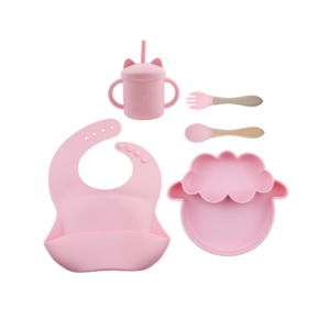 Set 5 Piezas Plato Oveja + Babero + cuchara + tenedor + Vaso  Color Rosa