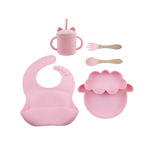 Set 5 Piezas Plato Oveja + Babero + cuchara + tenedor + Vaso  Color Rosa