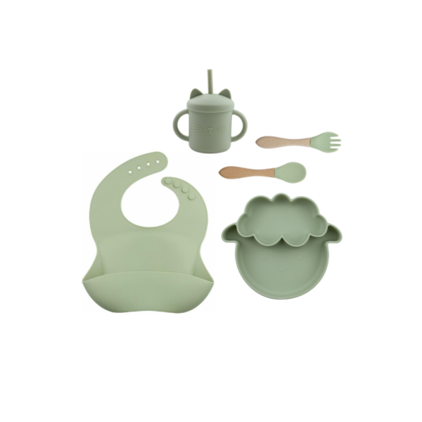 Set 5 Piezas Plato Oveja + Babero + cuchara + tenedor + Vaso  Color Verde