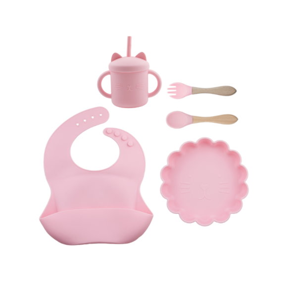 Set 5 Piezas Plato Leon + Babero + cuchara + tenedor + Vaso  Color Rosa