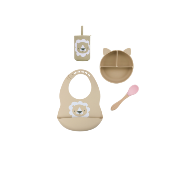 Set 4 Piezas Estampa Beige - Babero + Vaso + Plato + Cuchara Rosa