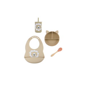 Set 4 Piezas Estampa Beige - Babero + Vaso + Plato + Cuchara Ladrillo