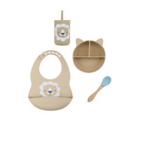 Set 4 Piezas Estampa Beige - Babero + Vaso + Plato + Cuchara Celeste