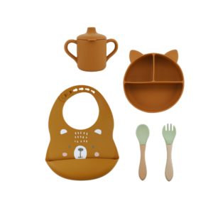 Set 5 Piezas Marron- Babero + Plato + Vaso + Cuchara + Tenedor Verde