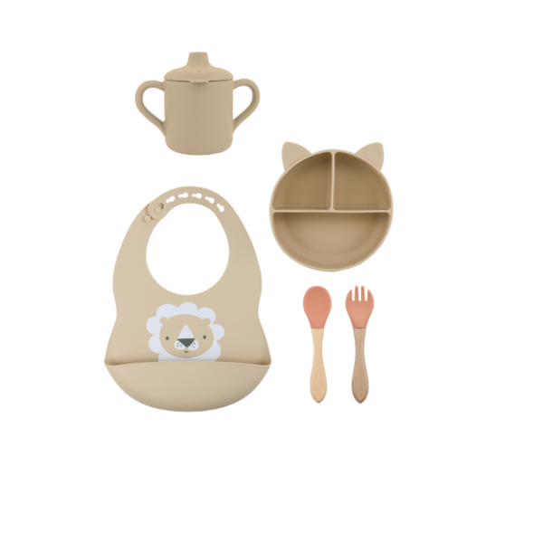 Set 5 Piezas Beige- Babero + Plato + Vaso + Cuchara + Tenedor Ladrillo