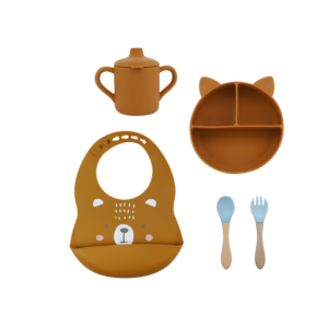 Set 5 Piezas Marron- Babero + Plato + Vaso + Cuchara + Tenedor Celeste