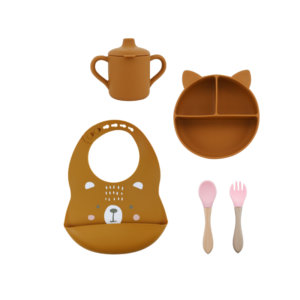 Set 5 Piezas Marron- Babero + Plato + Vaso + Cuchara + Tenedor Rosa