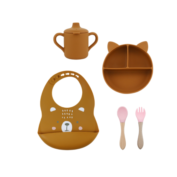 Set 5 Piezas Marron- Babero + Plato + Vaso + Cuchara + Tenedor Rosa