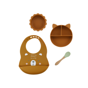 Set 4 Piezas Estampa Marron - Babero + bowl + Plato + Cuchara verde