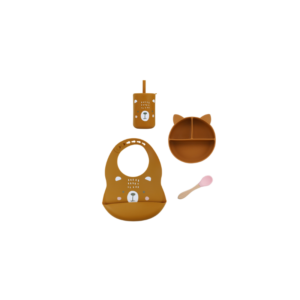 Set 4 Piezas Estampa Marron - Babero + Vaso + Plato + Cuchara Rosa