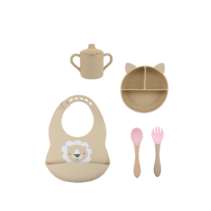 Set 5 Piezas Beige- Babero + Plato + Vaso + Cuchara + Tenedor Rosa