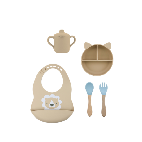 Set 5 Piezas Beige- Babero + Plato + Vaso + Cuchara + Tenedor Celeste