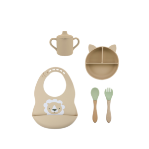Set 5 Piezas Beige- Babero + Plato + Vaso + Cuchara + Tenedor Verde