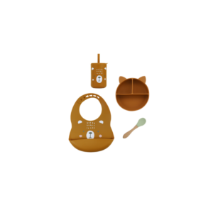 Set 4 Piezas Estampa Marron - Babero + Vaso + Plato + Cuchara Celeste