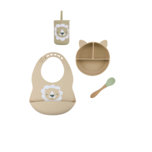 Set 4 Piezas Estampa Beige - Babero + Vaso + Plato + Cuchara Verde