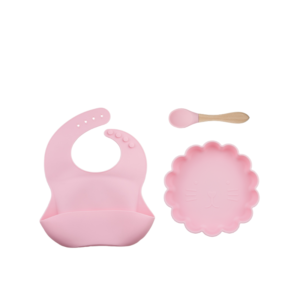 Set 3 Piezas Plato Leon + Babero y cuchara  Color Rosa