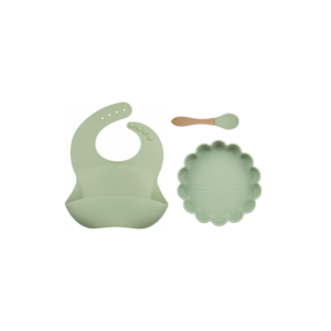 Set 3 Piezas Plato Leon + Babero y cuchara  Color Verde