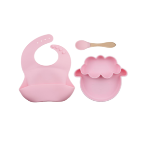 Set 3 Piezas Plato Oveja + Babero y cuchara  Color Rosa