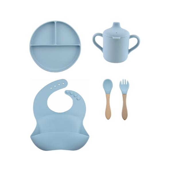 Set 5 Piezas Plato divisiones + Babero + cuchara + tenedor + Vaso  Pico Celeste