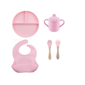 Set 5 Piezas Plato divisiones + Babero + cuchara + tenedor + Vaso  Pico Rosa