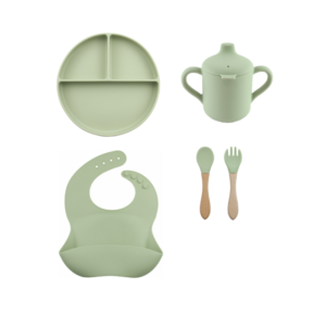 Set 5 Piezas Plato divisiones + Babero + cuchara + tenedor + Vaso  Pico Verde